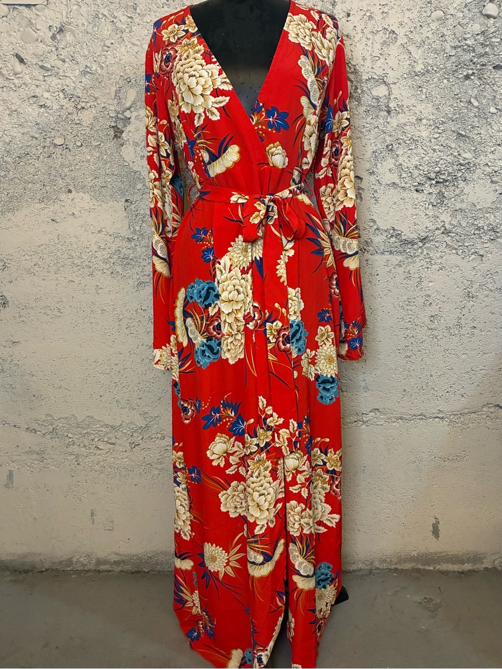 Red Floral Wrap Maxi Dress - Elegant Long Sleeve NWT